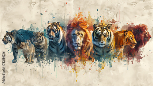 Ligne de grands félins carnivores de zoo, portraits de fauves : tigres et lion de tous genres et ages, peinture à l'aquarelle