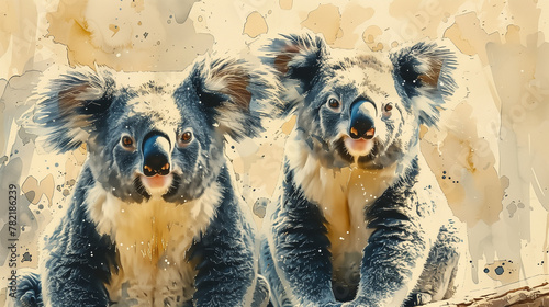 Portrait à l'aquarelle d'un couple de koalas réalistes sur fond beige photo