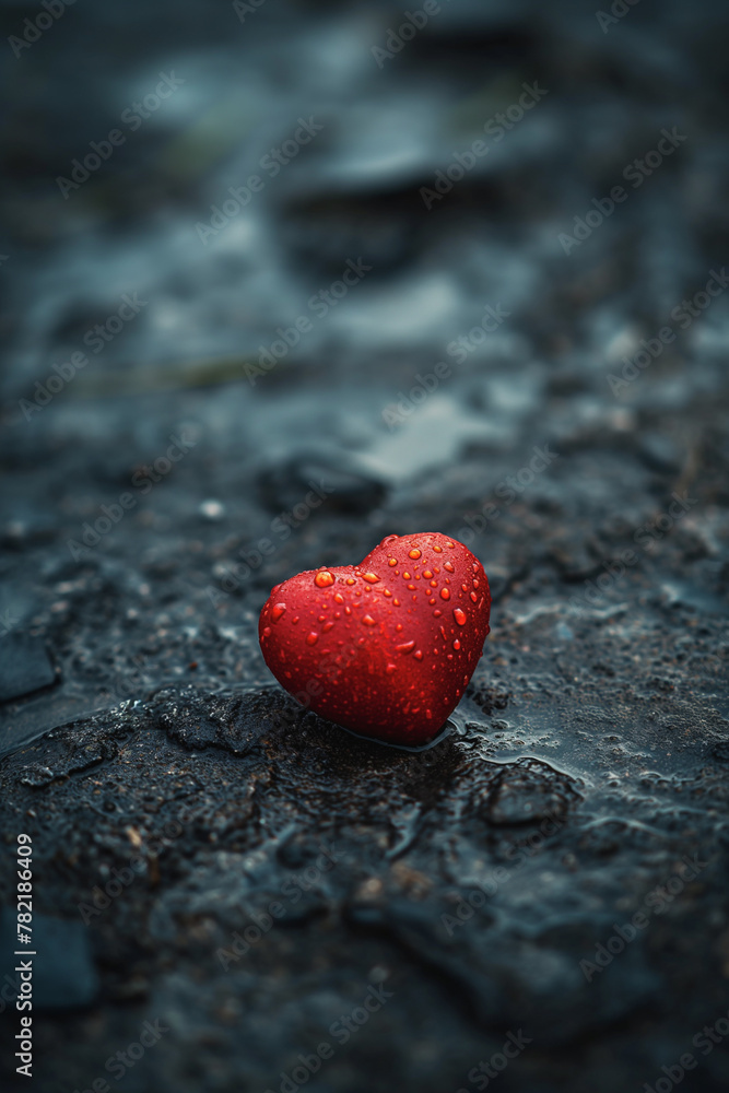 Fototapeta premium Red heart shape on a wet stone surface