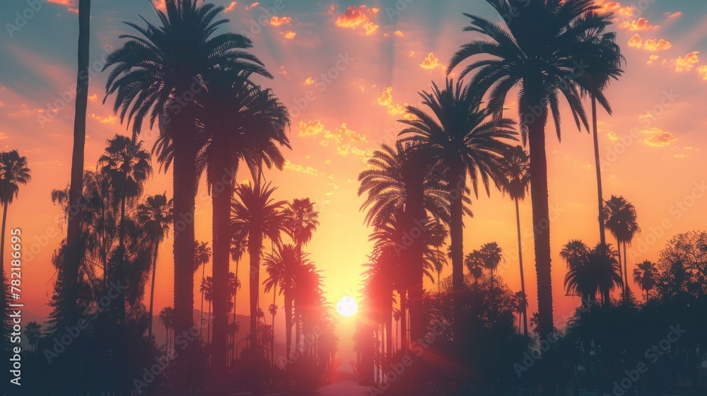 beautiful sunrise view with view of retro neon colored palm trees and mountains in a beautiful sunset