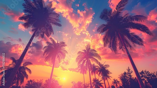beautiful sunrise view with view of retro neon colored palm trees and mountains in a beautiful sunset in high resolution