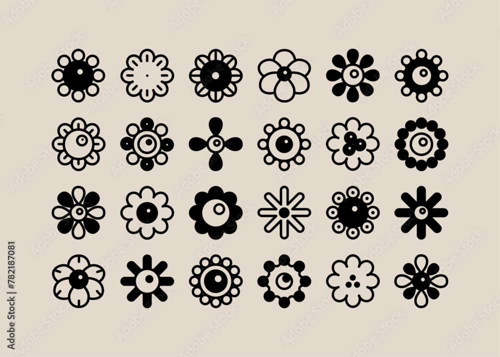 Flower icons. Flowers elements set. Element for banner, print, stickers, posters, t-shirt, labels. Geometric flowers silhouette elements design. Set of trendy retro flowers shapes. Flower icons. Flowers elements set. Element for banner, print, stickers, posters, t-shirt, labels. Geometric flowers silhouette elements design. Set of trendy retro flowers shapes.