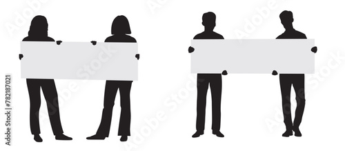 vector silhouette of young people holding banner or blank card