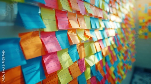 Bright office whiteboard covered in colorful sticky notes