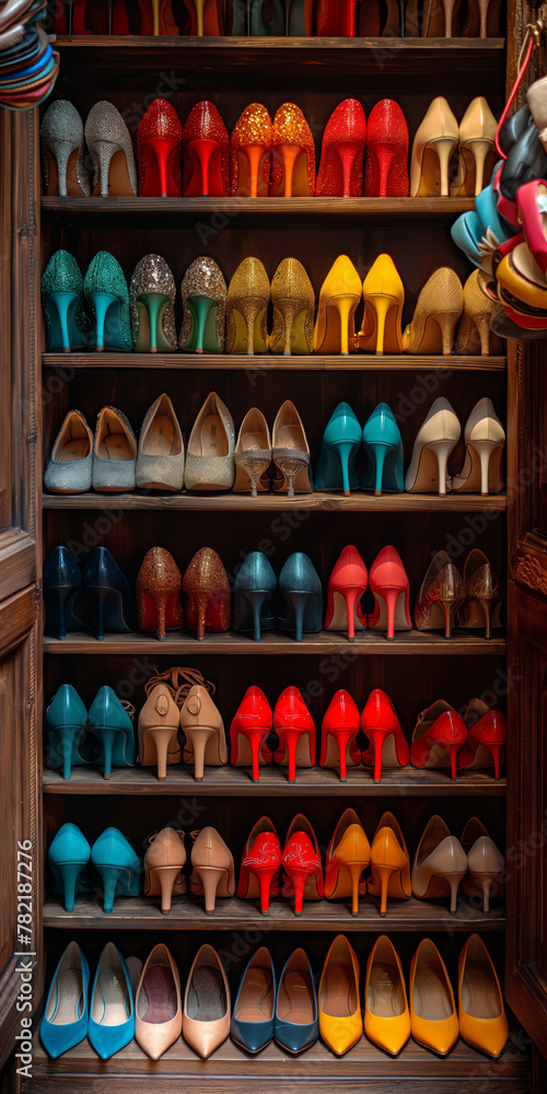 Kleiderschrank einer Frau voller Schuhe Kleiderschrank einer Frau voller Schuhe