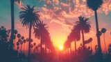 beautiful sunrise view overlooking palm trees and mountains in retro neon color on a sunset