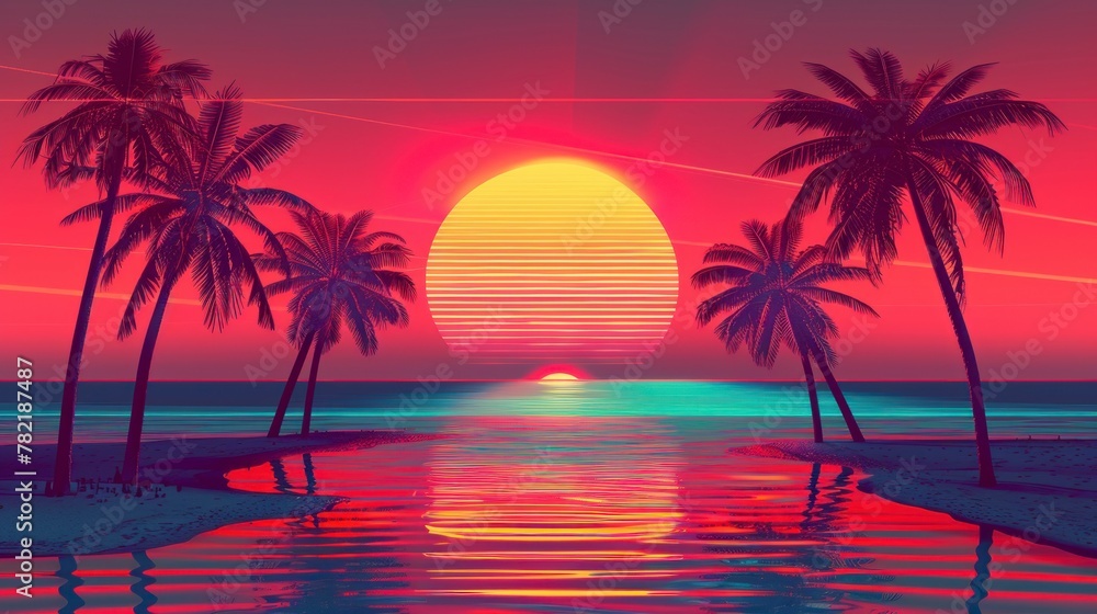 Beautiful sunrise view overlooking palm trees and mountains in retro neon color on a beautiful sunset in high resolution and high quality. retro,neon concept