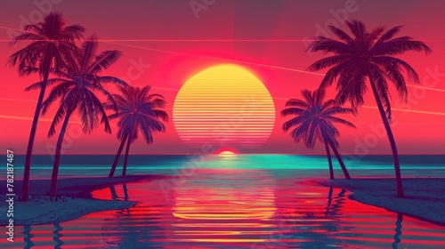 Beautiful sunrise view overlooking palm trees and mountains in retro neon color on a beautiful sunset in high resolution and high quality. retro,neon concept © Marco