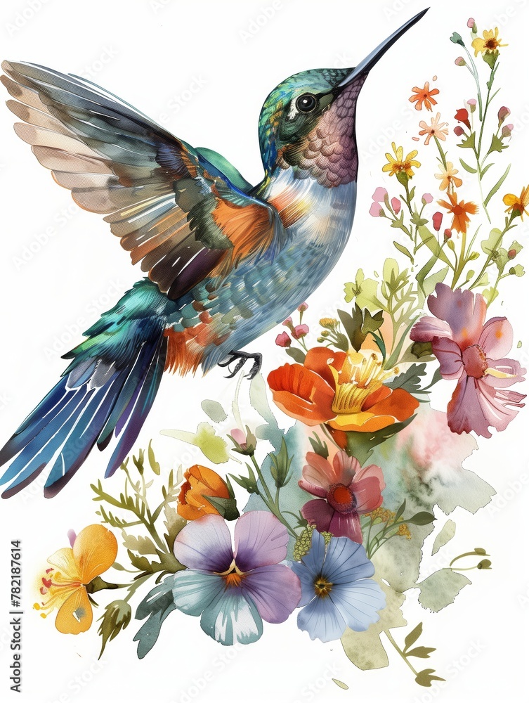 Watercolor illustration of a hummingbird hovering over vibrant flowers with splashes.