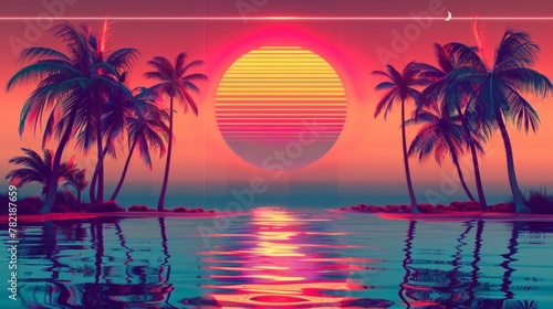 Beautiful sunrise view overlooking palm trees and mountains in retro neon color on a beautiful sunset in high resolution and high quality. retro concept,neon,80s,palm trees