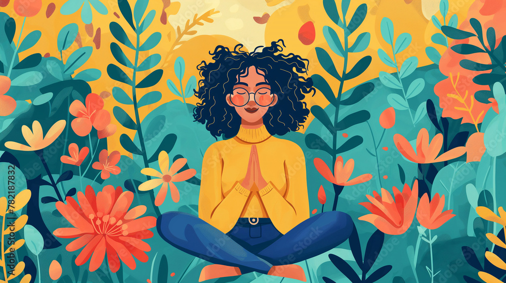 Illustration of a woman with glasses meditating in a lotus pose surrounded by a vibrant floral background. Illustration of a woman with glasses meditating in a lotus pose surrounded by a vibrant floral background.