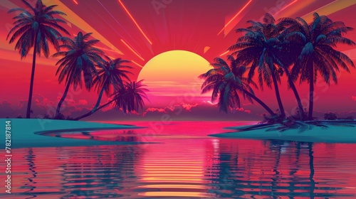 Beautiful sunrise view overlooking palm trees and mountains in retro neon color on a beautiful sunset in high resolution and high quality. retro concept,neon,80s,palm trees,sunset