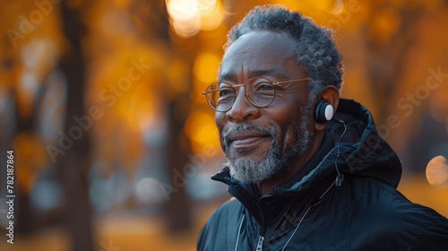 Portrait of a senior man in fitness wear running in a park. Close up of a smiling man running while listening to music using earphones photo