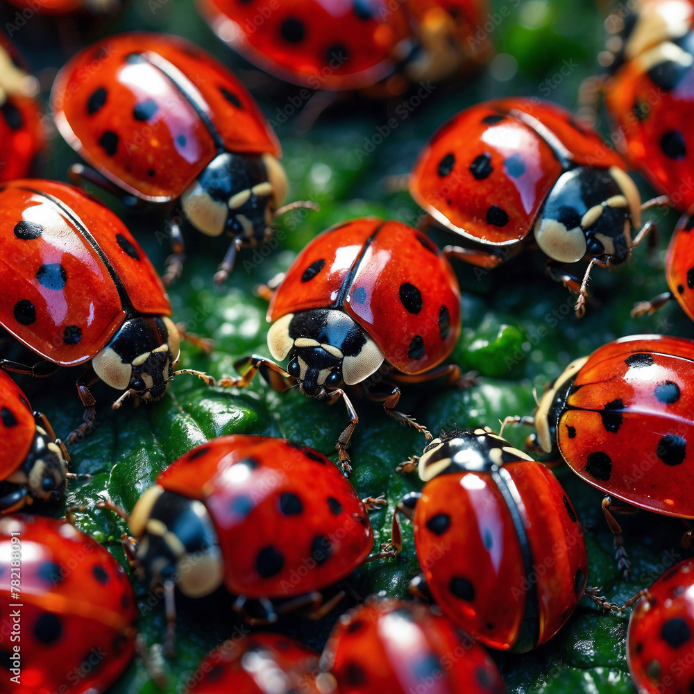 Fototapeta premium Beautiful close-up of a red ladybug on a green leaf