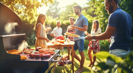 Grilled meat and sausages on the grill with a group of happy friends having dinner party at patio garden fest