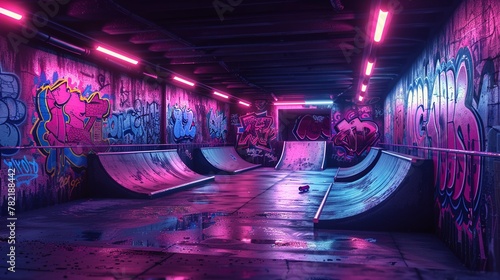 Illustrated 90s skateboard park with ramps