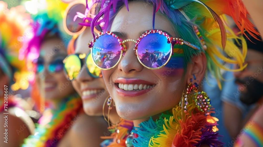 Joyful woman with colorful feathers and sunglasses at pride parade Joyful woman with colorful feathers and sunglasses at pride parade