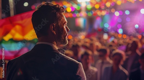 Man at LGBTQ night event with colorful lights and pride flag 