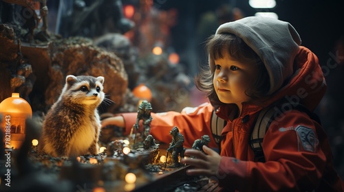 Kids in astronaut costumes looking at a model of a Mars colony in their playroom surrounded by space-themed toys photo