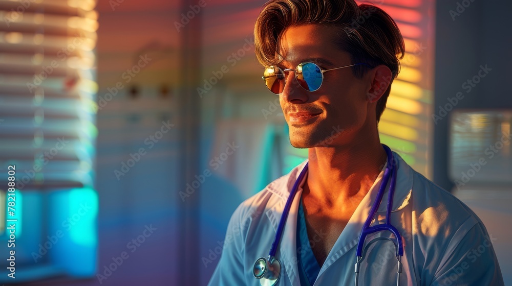 Healthcare worker with reflective sunglasses in a modern clinic environment
Healthcare worker with reflective sunglasses in a modern clinic environment