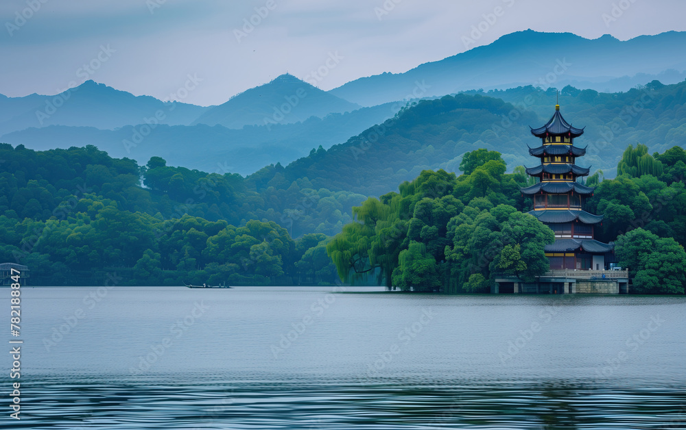 Fototapeta premium Lake scenery in Hangzhou, China,created with Generative AI tecnology.