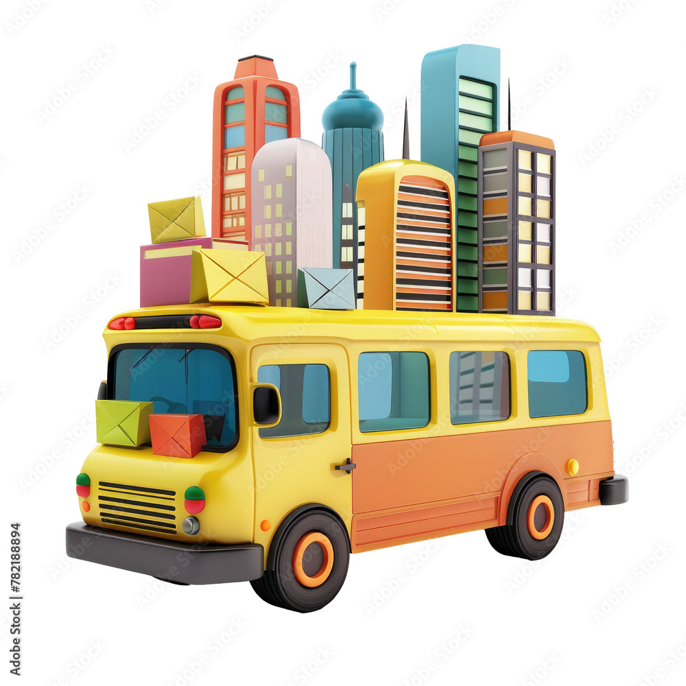 A yellow bus carrying a variety of boxes on its roof, set against a transparent background. The scene suggests a busy delivery or transportation operation taking place. A yellow bus carrying a variety of boxes on its roof, set against a transparent background. The scene suggests a busy delivery or transportation operation taking place.