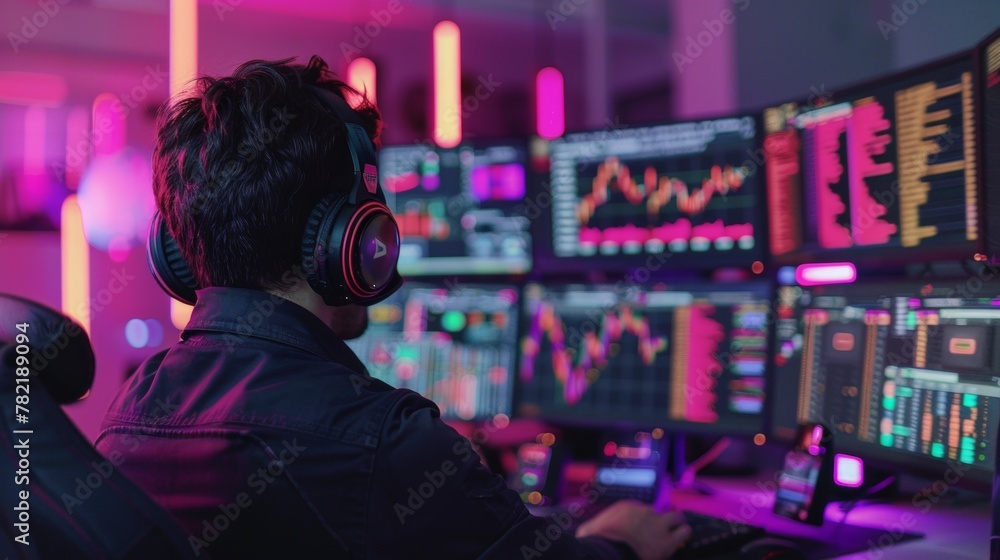 Person at a computer workstation with multiple monitors displaying colorful data analysis graphs. Person at a computer workstation with multiple monitors displaying colorful data analysis graphs.