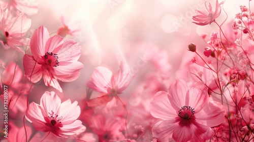 spring nature background. spring pink flowers close up on abstract light backdrop. spring season concept, symbol of 8 March, women's day, copy space, generative ai