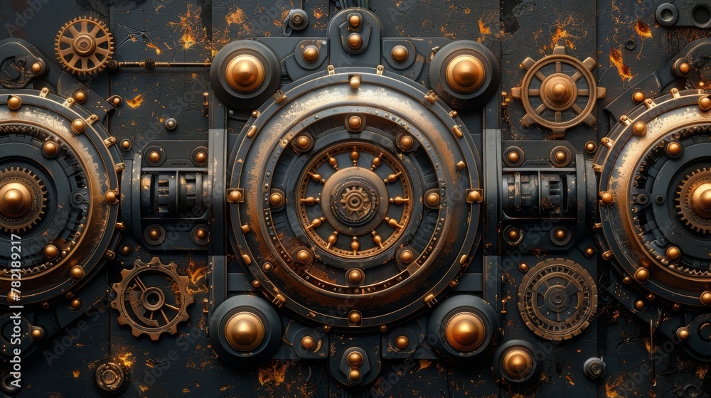 Vintage steampunk banner with black background and complicated gear ...