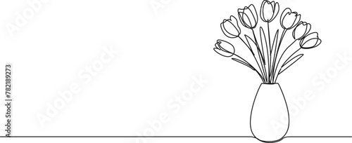 continuous single line drawing of tulips in flower vase, line art vector illustration