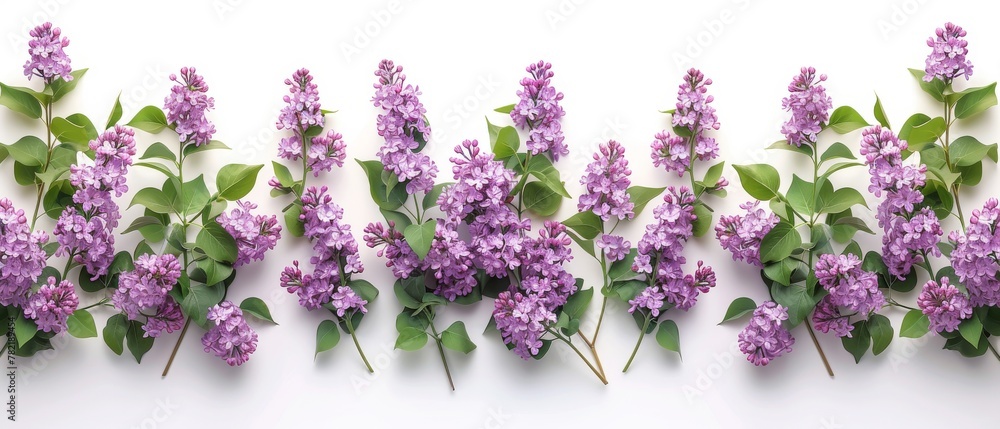 A beautiful floral border ornament consisting of lilac flowers, green foliage and magnolia isolated on white background. Copy space available for photos and text.