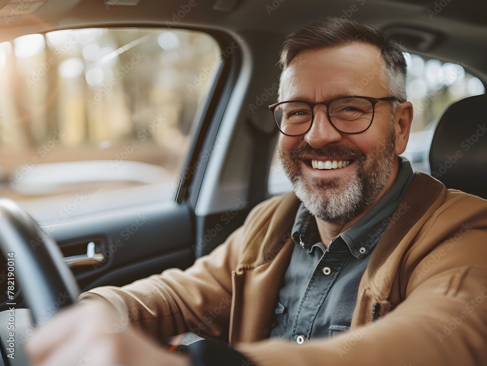 Adult man smiling while driving car, Happy man feeling comfortable sitting on driver seat in his new car
Adult man smiling while driving car, Happy man feeling comfortable sitting on driver seat in his new car