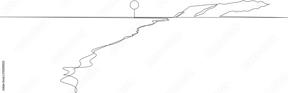 Sea beach with sun one continuous line drawing. Single line nature landscape with sunrise or sunset on coast. Vector illustration. Sea beach with sun one continuous line drawing. Single line nature landscape with sunrise or sunset on coast. Vector illustration.