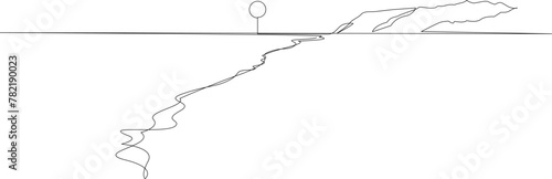 Sea beach with sun one continuous line drawing. Single line nature landscape with sunrise or sunset on coast. Vector illustration.