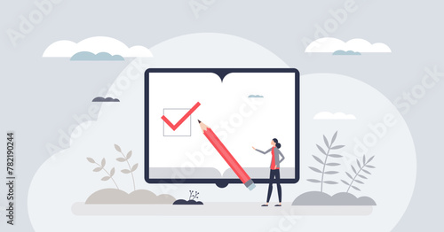 Bullet journaling for effective work time organization tiny person concept. Business schedule or personal tasks management vector illustration. Simple check mark on diary about accomplished jobs.