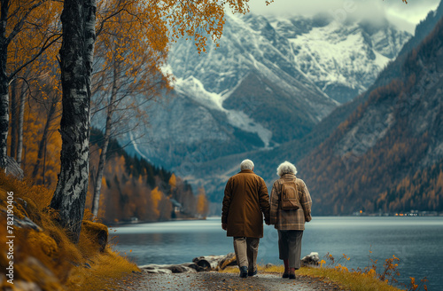 An elderly couple together in a romantic setting at sunset
