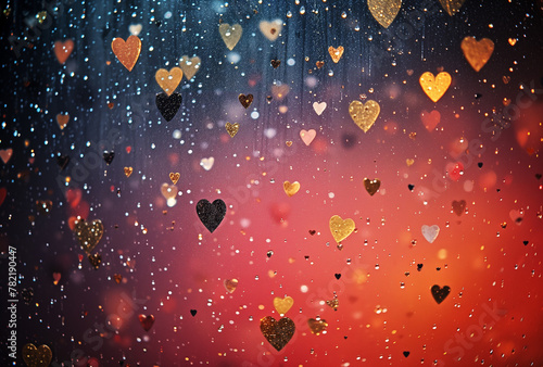 A red background with glitter hearts in the background