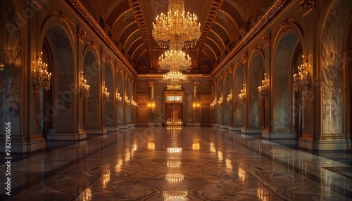 Grand chandelier lighting up luxurious hall with marble floor. Interior design elegant architecture.