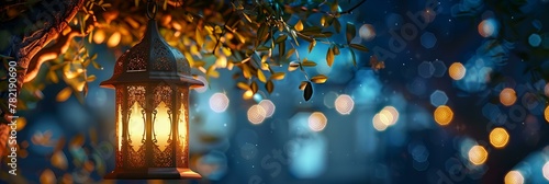 Decorative lantern with bokeh lights. Ramadan and festive. Design for holiday decoration ideas photo