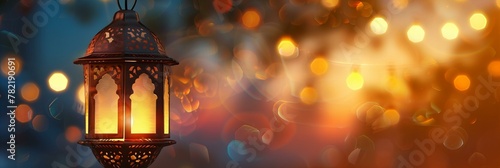 Decorative lantern with bokeh lights. Ramadan and festive. Design for holiday decoration ideas photo