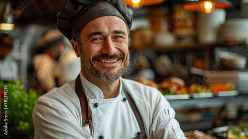 Portrait of a smiling male chef with cooked food standing in the kitchen.
