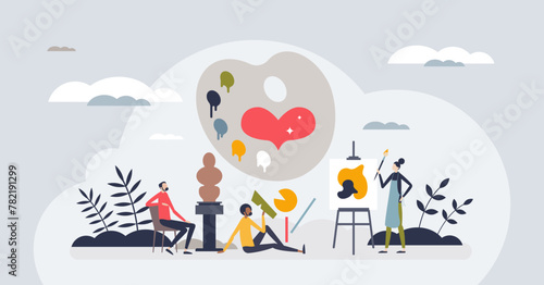 Art therapy as mental care method and mind treatment tiny person concept. Solve psychological conditions as depression, anxiety and stress vector illustration. Emotional problem help with painting.