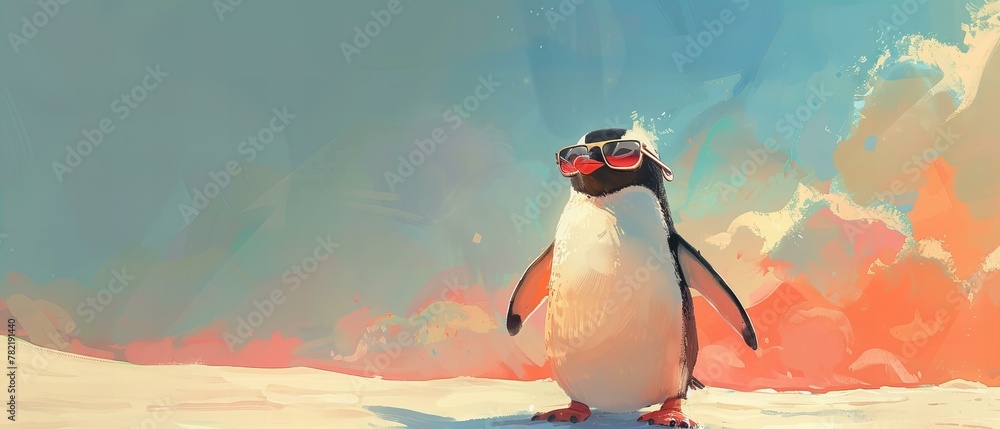 Penguin on tropical beach at sunset illustration. Quirky vacation and summer concept. - obrazy, fototapety, plakaty 