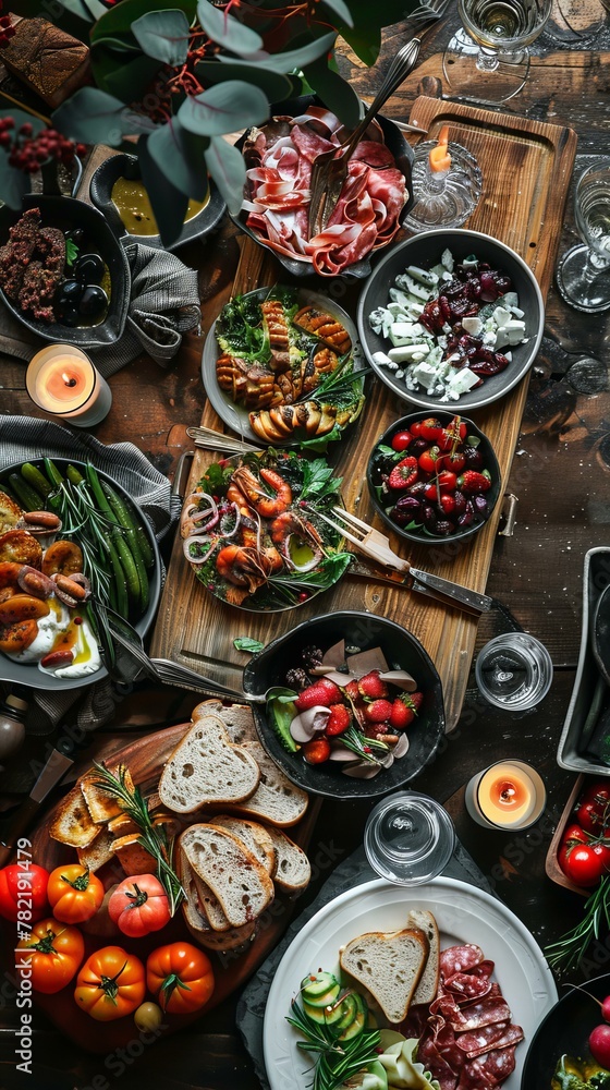Assorted dishes on table for a gourmet feast. Food photography with a variety of cuisine. Assorted dishes on table for a gourmet feast. Food photography with a variety of cuisine.