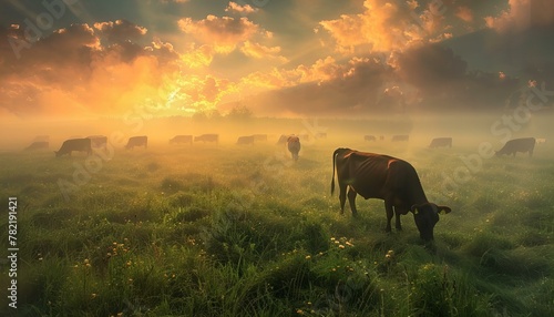 Cows grazing in a misty field at sunrise. Rustic and agricultural photography. Farm life and rural © kilimanjaro 