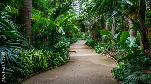 A wide walkway in a tropical garden  surrounded by lush trees and plants  creating a serene urban park setting
