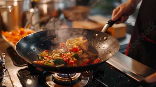 A wok filled with food cooking on a stove, showcasing vibrant ingredients being stir-fried with precise techniques