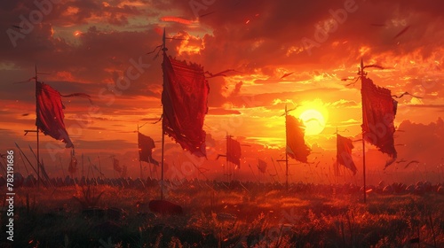 On the sunset illustration, a fantasy battle scene with spears and flags rises, with spears rising in the air