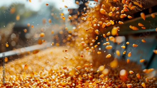 A closeup of a pile of corn seeds falling from a bin of a harvester machine