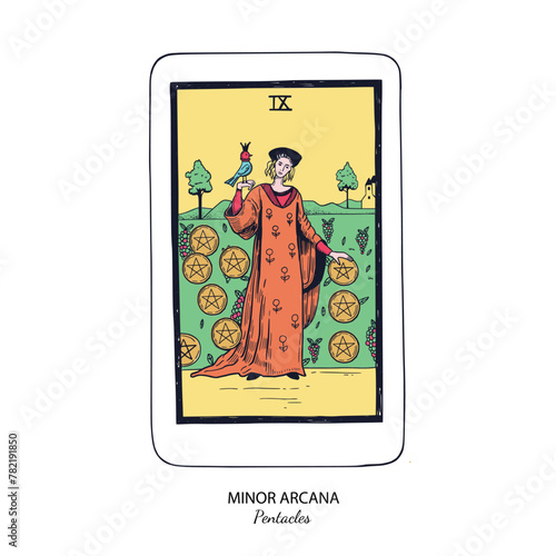 Tarot card vector deck . Minor Arcana Pentacles . Occult esoteric spiritual Tarot. Isolated colored hand drawn illustrations

